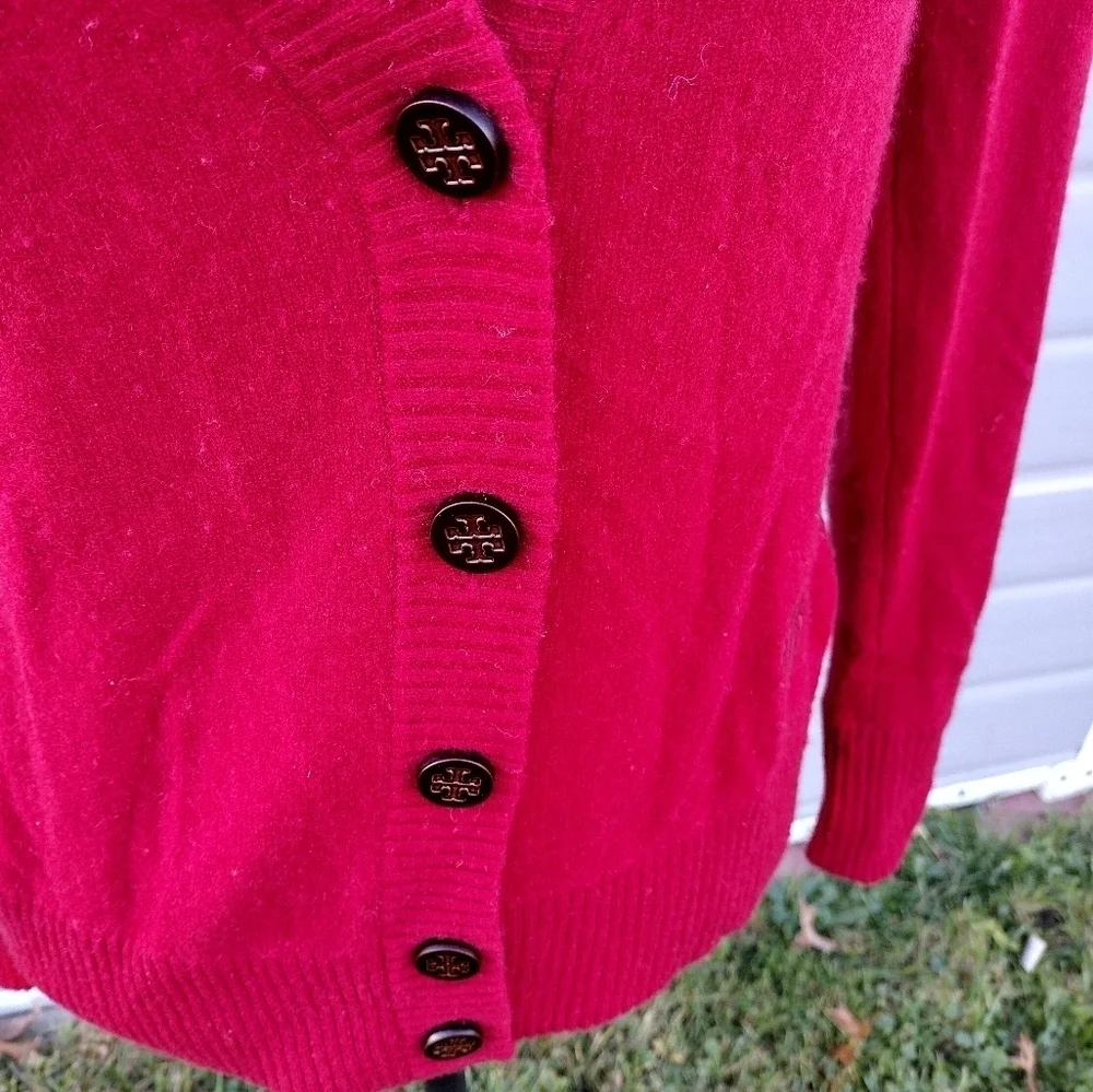 Tory Burch Inez Cashmere V Neck Logo Cardigan Red Size Small HOLE See Pics